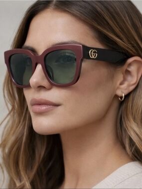 💯Authentic Gucci Burgundy Front Black Temples  Sunglasses with Gold GG